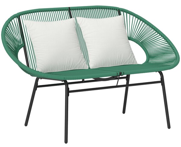 Outsunny zahradní lavička pro 2 osoby z oceli a syntetického lana s 2 polštářky - rozměry 132D x 72Š x 83V cm - tmavě zelená | Aosom