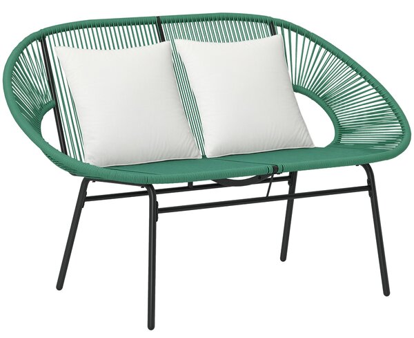 Outsunny zahradní lavička pro 2 osoby z oceli a syntetického lana s 2 polštářky - rozměry 132D x 72Š x 83V cm - tmavě zelená | Aosom
