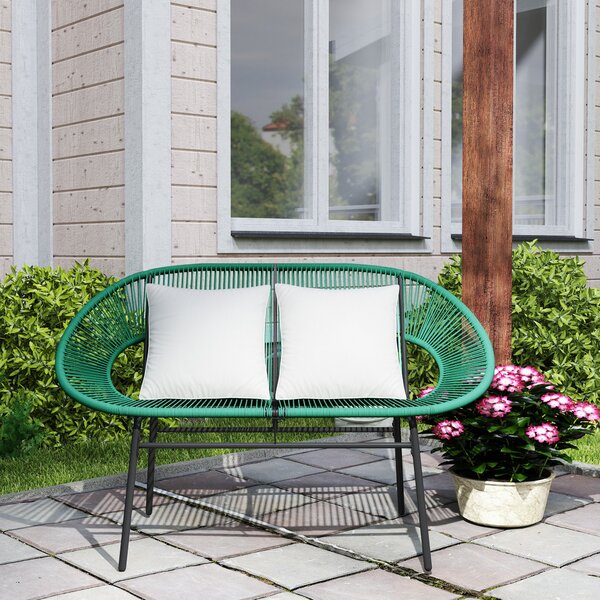 Outsunny zahradní lavička pro 2 osoby z oceli a syntetického lana s 2 polštářky - rozměry 132D x 72Š x 83V cm - tmavě zelená | Aosom