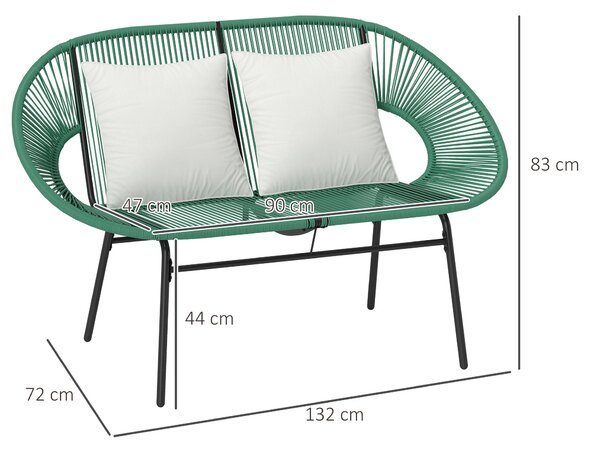 Outsunny zahradní lavička pro 2 osoby z oceli a syntetického lana s 2 polštářky - rozměry 132D x 72Š x 83V cm - tmavě zelená | Aosom
