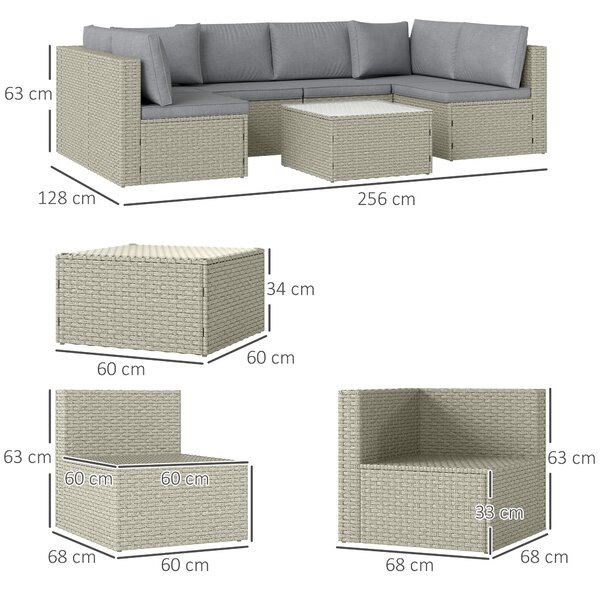Modulární outdoorová souprava zahradního nábytku Outsunny pro 6 osob, balkonový nábytek z pleteného pryskyřice se soupravou a skleněným stolkem, odním