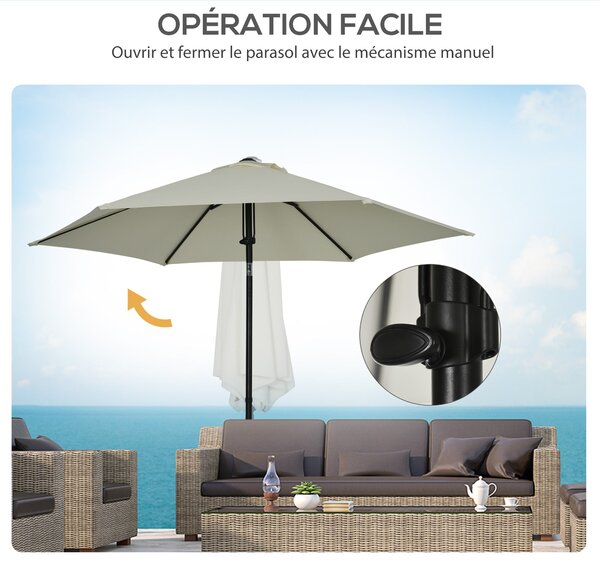 Slunečník do zahrady Outsunny s nastavitelným sklonem, rovný, manuálně ovládaný, s kovovou konstrukcí, hustota polyesteru 180 g/m², Ø 265 x 235H cm, s