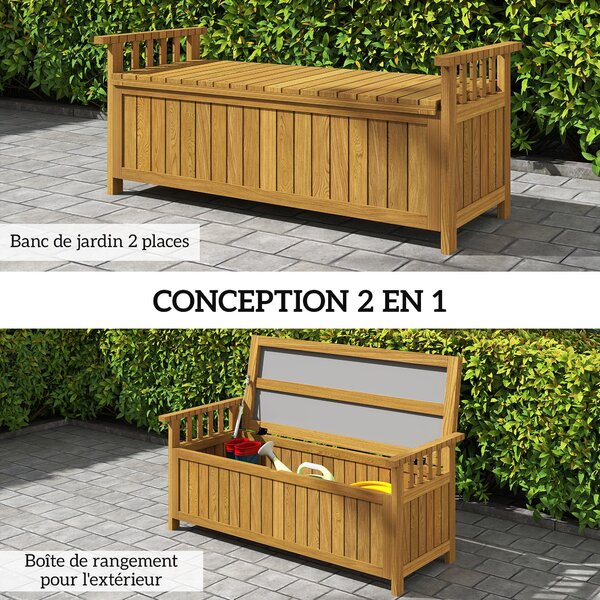 Dřevěná zahradní lavice Outsunny pro 2 osoby s úložným prostorem 186L, venkovní lavice s opěrkami na ruce, nosnost 240 kg, pro zahradu nebo balkon, 12