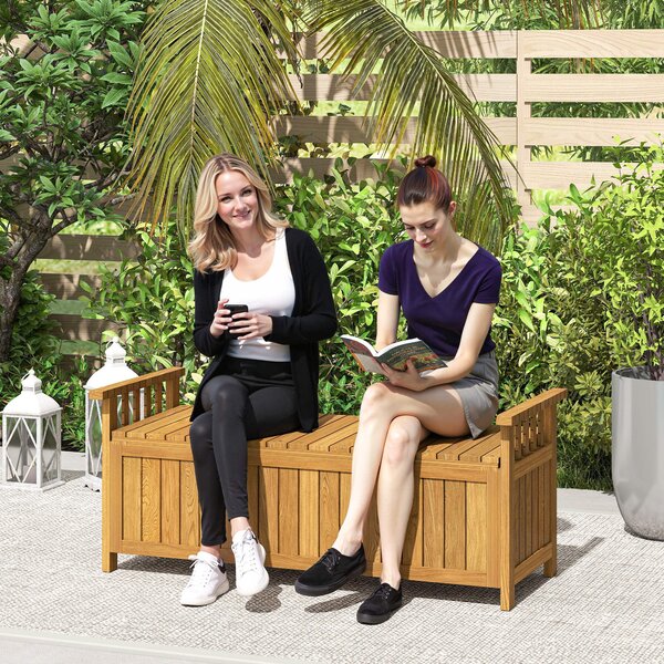 Dřevěná zahradní lavice Outsunny pro 2 osoby s úložným prostorem 186L, venkovní lavice s opěrkami na ruce, nosnost 240 kg, pro zahradu nebo balkon, 12