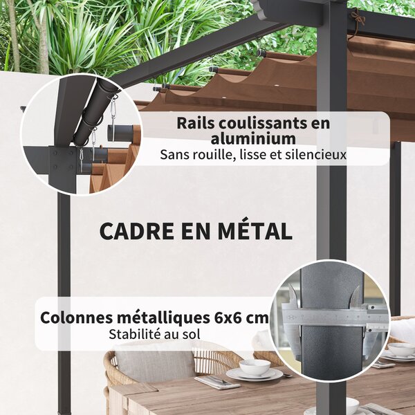 Outsunny Zahradní Pergola 3 x 3m s Retrakovatelnou Markýzou, Vysoce Hustý Polyester 180g/m², UPF30+ Sluneční Zastřešení pro Terasu, Patio, Zahradu, Hn