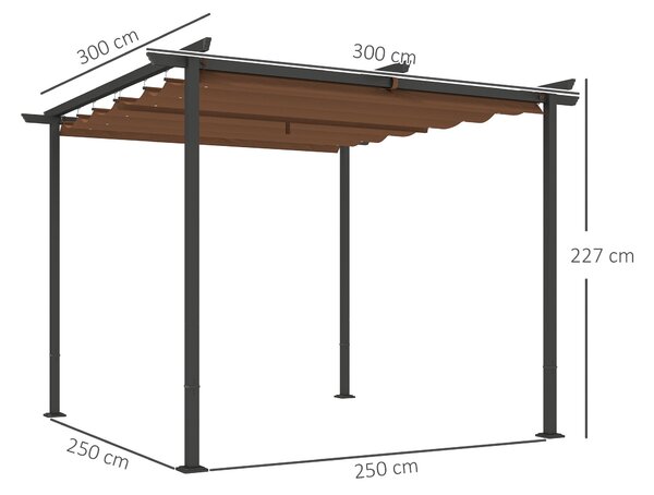 Outsunny Zahradní Pergola 3 x 3m s Retrakovatelnou Markýzou, Vysoce Hustý Polyester 180g/m², UPF30+ Sluneční Zastřešení pro Terasu, Patio, Zahradu, Hn
