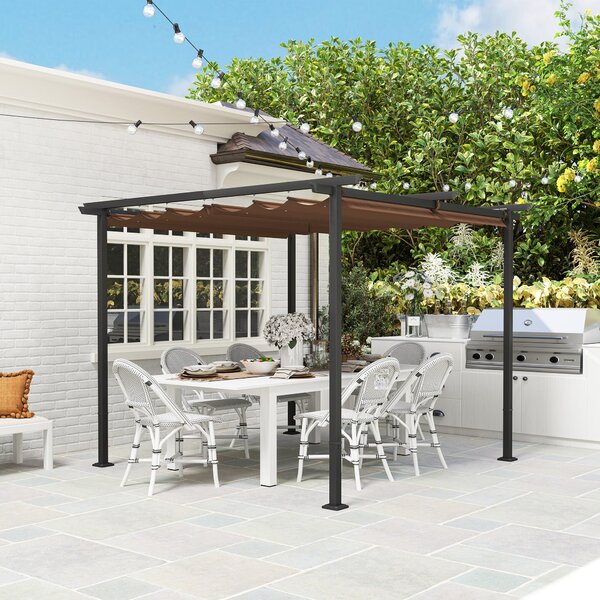 Outsunny Zahradní Pergola 3 x 3m s Retrakovatelnou Markýzou, Vysoce Hustý Polyester 180g/m², UPF30+ Sluneční Zastřešení pro Terasu, Patio, Zahradu, Hn