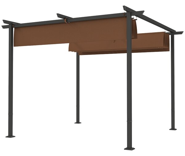 Outsunny Zahradní Pergola 3 x 3m s Retrakovatelnou Markýzou, Vysoce Hustý Polyester 180g/m², UPF30+ Sluneční Zastřešení pro Terasu, Patio, Zahradu, Hn