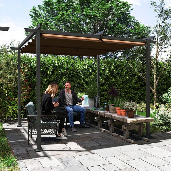 Outsunny Zahradní Pergola 3 x 3m s Retrakovatelnou Markýzou, Vysoce Hustý Polyester 180g/m², UPF30+ Sluneční Zastřešení pro Terasu, Patio, Zahradu, Hn