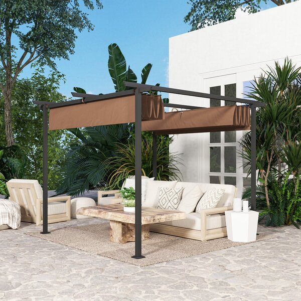 Outsunny Zahradní Pergola 3 x 3m s Retrakovatelnou Markýzou, Vysoce Hustý Polyester 180g/m², UPF30+ Sluneční Zastřešení pro Terasu, Patio, Zahradu, Hn