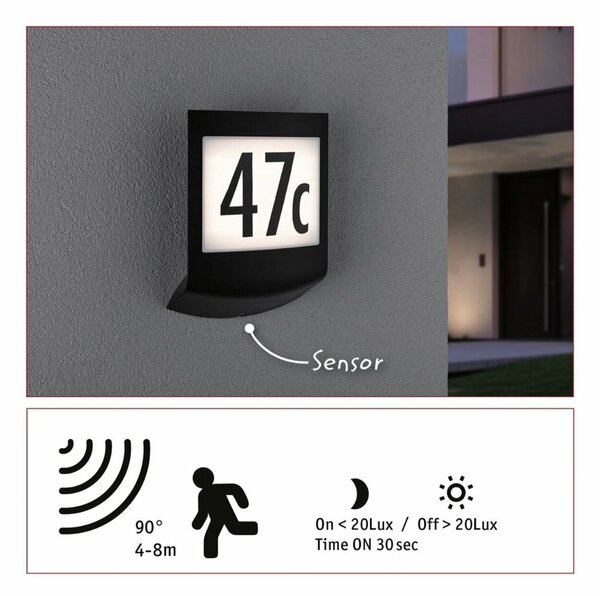 PAULMANN LED venkovní nástěnné svítidlo Smart Home Zigbee Padea soumrakový senzor neláká hmyz IP44 198x71mm CCT 8,2W 230V antracit umělá hmota