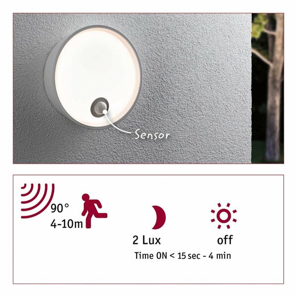 PAULMANN LED venkovní nástěnné svítidlo Platomo pohybové čidlo IP44 kruhové 180mm 3000K 14,5W 230V bílá umělá hmota