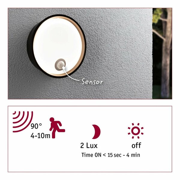 PAULMANN LED venkovní nástěnné svítidlo Platomo pohybové čidlo IP44 kruhové 180mm 3000K 14,5W 230V černá umělá hmota