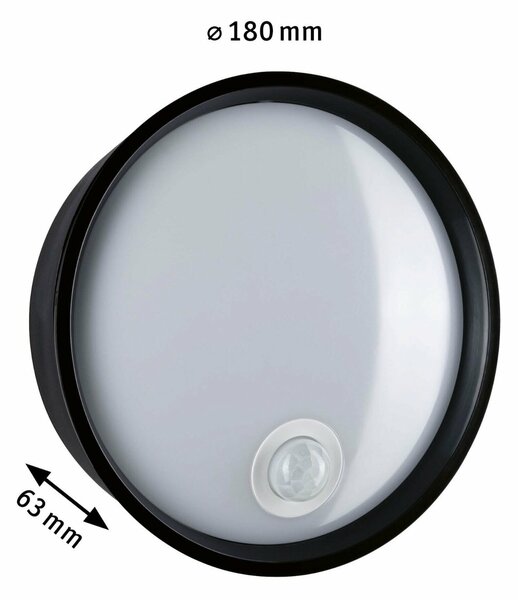 PAULMANN LED venkovní nástěnné svítidlo Platomo pohybové čidlo IP44 kruhové 180mm 3000K 14,5W 230V černá umělá hmota