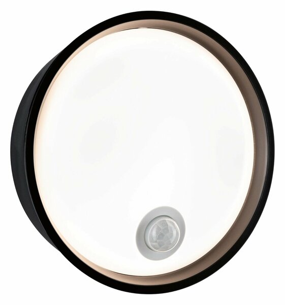 PAULMANN LED venkovní nástěnné svítidlo Platomo pohybové čidlo IP44 kruhové 180mm 3000K 14,5W 230V černá umělá hmota