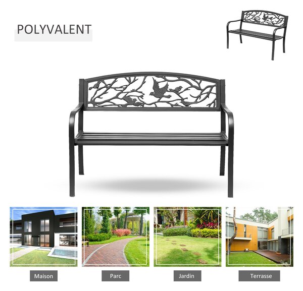 Outsunny Lavice pro 3 osoby do zahrady, venkovský styl pro balkon, terasu, patio 127 x 60 x 85 cm, robustní antikorozní epoxidově natřený kov, černá |