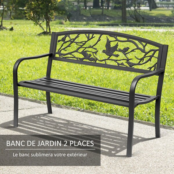 Outsunny Lavice pro 3 osoby do zahrady, venkovský styl pro balkon, terasu, patio 127 x 60 x 85 cm, robustní antikorozní epoxidově natřený kov, černá |