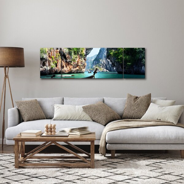 Obraz - Vodní středomořská krajina s lodí (170x50 cm)