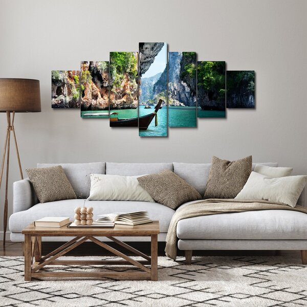 Obraz - Vodní středomořská krajina s lodí (210x100 cm)
