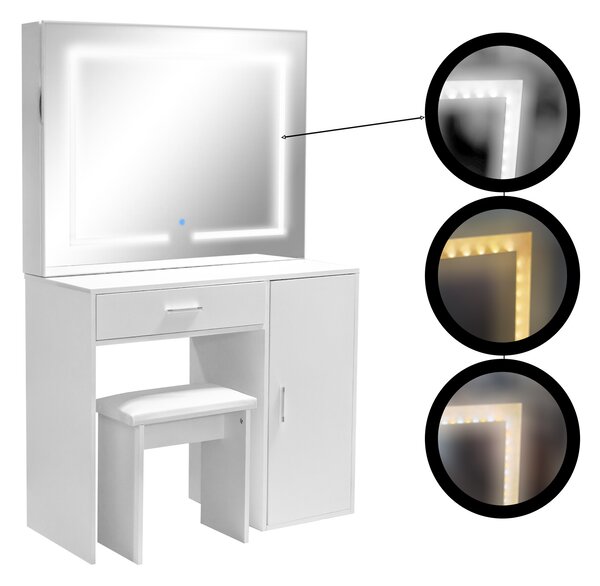Aga Toaletní stolek se zrcadlem a LED osvětlením + taburet Matný bílý