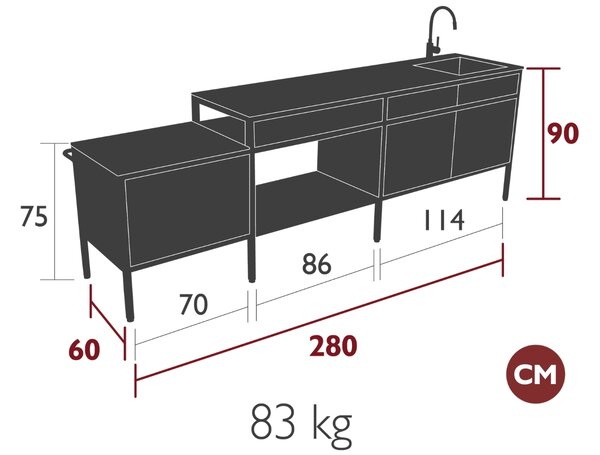 Fermob Zemitě červená hliníková venkovní kuchyně Goosto 280 cm