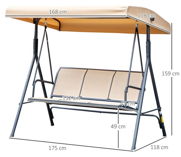 Outsunny Zahradní houpačka pro 3 osoby s vynikajícím pohodlím, nastavitelné sklon střechy, ergonomická ocel, epoxidový textilene, béžová | Aosom