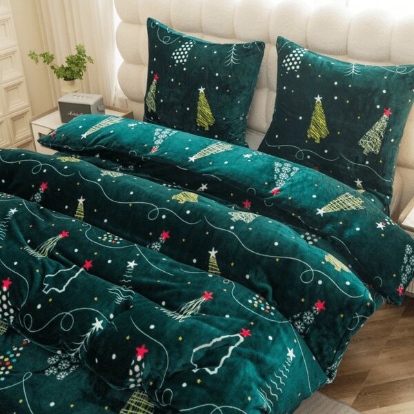 Sada mikroplyšového povlečení CHRISTMAS DRIFT zelené + prostěradlo mikroplyš SOFT 90x200 cm bílé, jednolůžko