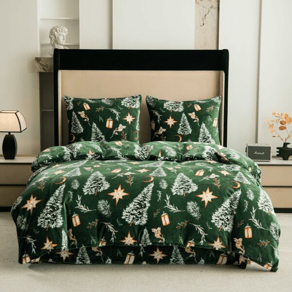Sada mikroplyšového povlečení GREEN CHRISTMAS zelené + prostěradlo mikroplyš SOFT 90x200 cm bílé, jednolůžko