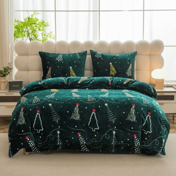 Sada mikroplyšového povlečení CHRISTMAS DRIFT zelené + prostěradlo mikroplyš SOFT 90x200 cm bílé, jednolůžko