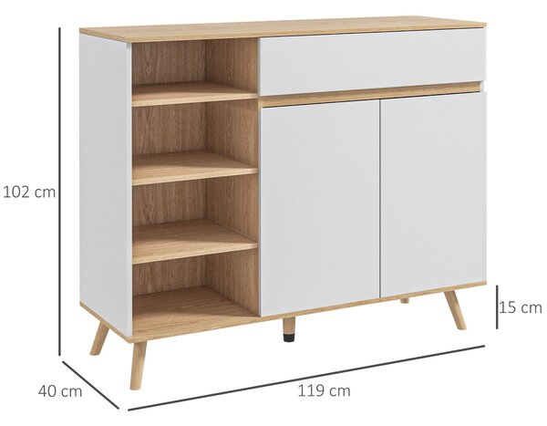 HOMCOM Skandinávský styl nastavitelná policová úložná skříň se dvojitými dvířky, 1 zásuvkou a 4 policemi 119 x 40 x 102 cm Bílá | Aosom