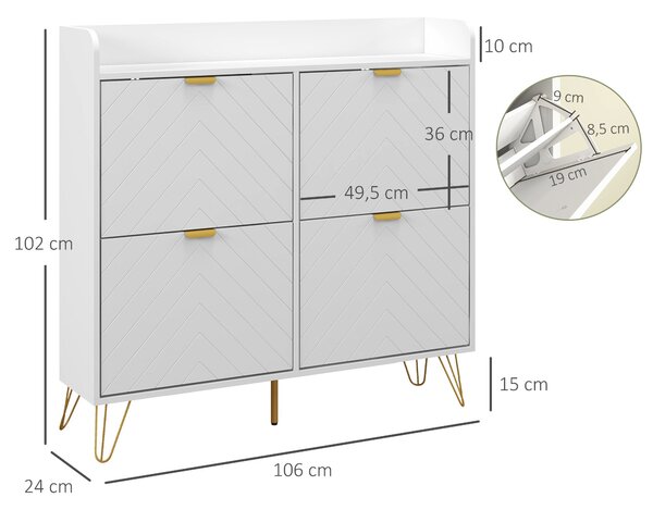 HOMCOM Skříň na boty se 4 zásuvkami, Úložná skříň na boty s nastavitelnou polici, Vysoká kapacita pro předsíň, Vstup, 106 x 24 x 102 cm, Bílá | Aosom