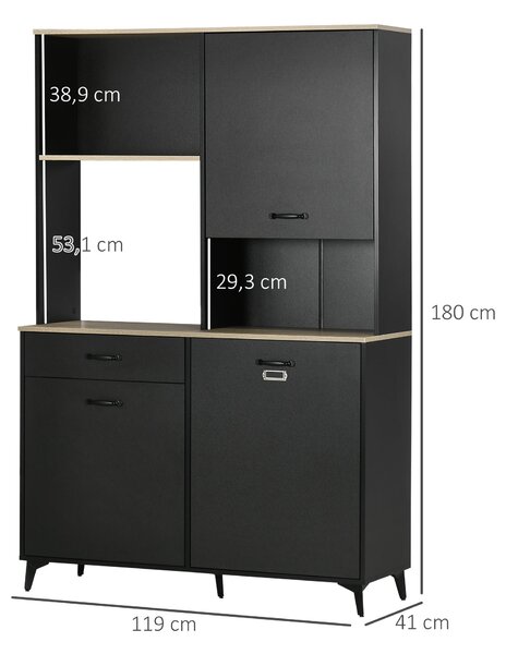 HOMCOM Kuchyňský Buffet Skříň Jídelna Buffet 3 Otevřené Niche 3 Skříňky se Dveřmi a 1 Zásuvkou 119 x 41 x 180 cm Černá | Aosom