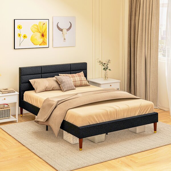 HOMCOM Manželská postel 140 x 200 cm, postel pro 2 osoby - Výška 17 cm, lamelový rošt a čalouněné čelo - Dřevo a textil, černá | Aosom