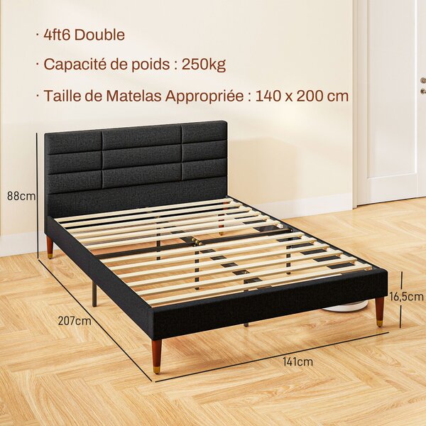 HOMCOM Manželská postel 140 x 200 cm, postel pro 2 osoby - Výška 17 cm, lamelový rošt a čalouněné čelo - Dřevo a textil, černá | Aosom