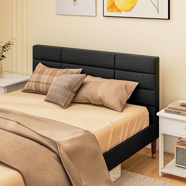 HOMCOM Manželská postel 140 x 200 cm, postel pro 2 osoby - Výška 17 cm, lamelový rošt a čalouněné čelo - Dřevo a textil, černá | Aosom
