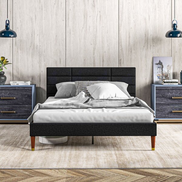 HOMCOM Manželská postel 140 x 200 cm, postel pro 2 osoby - Výška 17 cm, lamelový rošt a čalouněné čelo - Dřevo a textil, černá | Aosom