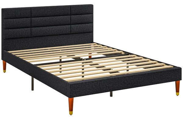 HOMCOM Manželská postel 140 x 200 cm, postel pro 2 osoby - Výška 17 cm, lamelový rošt a čalouněné čelo - Dřevo a textil, černá | Aosom