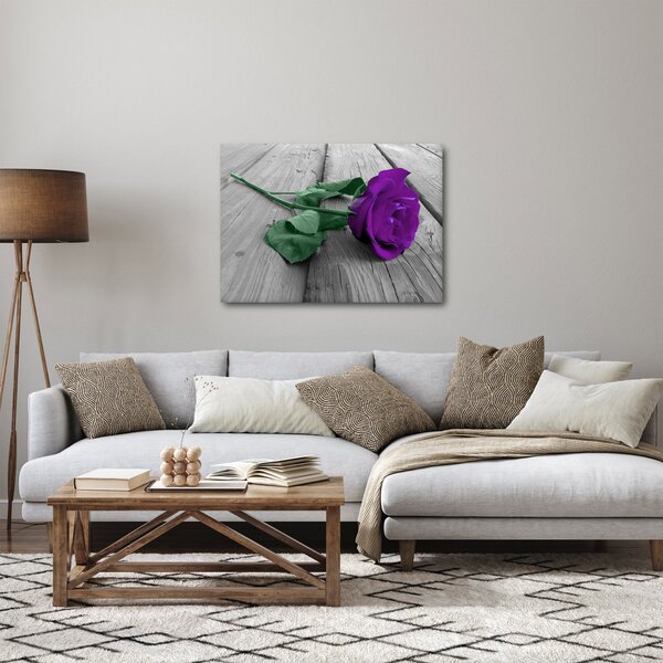 Obraz - Fialová růže se zeleným stonkem (70x50 cm)