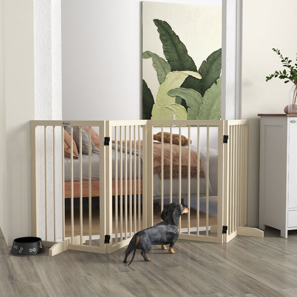 PawHut Bezpečnostní bariéra pro psy - modulární skládací pet plot 4 panely s podpěrnými nohami - 206 x 35,5 x 76 cm z přírodního dřeva | Aosom