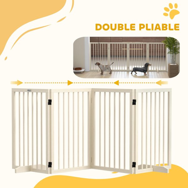PawHut Bezpečnostní bariéra pro psy - modulární skládací pet plot 4 panely s podpěrnými nohami - 206 x 35,5 x 76 cm z přírodního dřeva | Aosom