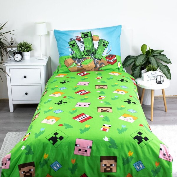 Zeleno-modré bavlněné dětské povlečení na jednolůžko 140x200 cm Minecraft "Outdoor Mobs" – Jerry Fabrics