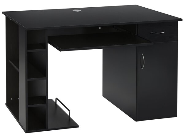 HOMCOM Počítačový stůl Multimedia Počítačový stůl s vícero úložnými prostory, policí, šuplíkem a zásuvkou na klávesnici MDF 120 x 60 x 74 cm Černý | A