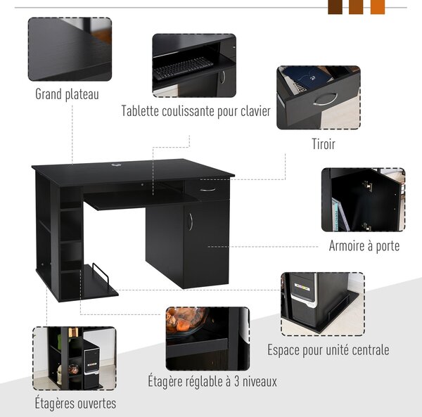 HOMCOM Počítačový stůl Multimedia Počítačový stůl s vícero úložnými prostory, policí, šuplíkem a zásuvkou na klávesnici MDF 120 x 60 x 74 cm Černý | A