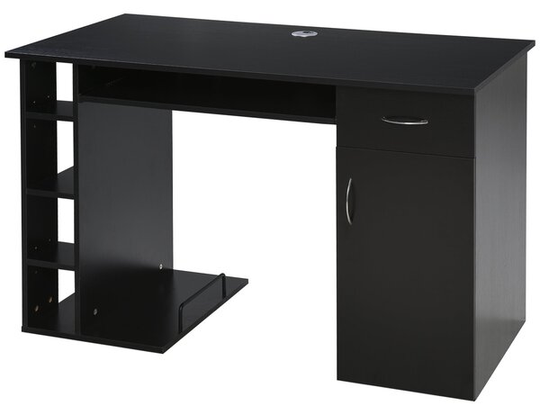 HOMCOM Počítačový stůl Multimedia Počítačový stůl s vícero úložnými prostory, policí, šuplíkem a zásuvkou na klávesnici MDF 120 x 60 x 74 cm Černý | A
