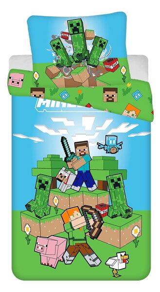 Zeleno-modré bavlněné dětské povlečení na jednolůžko 140x200 cm Minecraft "Outdoor Mobs" – Jerry Fabrics