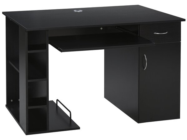 HOMCOM Počítačový stůl Multimedia Počítačový stůl s vícero úložnými prostory, policí, šuplíkem a zásuvkou na klávesnici MDF 120 x 60 x 74 cm Černý | A