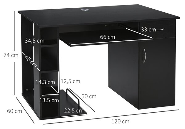 HOMCOM Počítačový stůl Multimedia Počítačový stůl s vícero úložnými prostory, policí, šuplíkem a zásuvkou na klávesnici MDF 120 x 60 x 74 cm Černý | A
