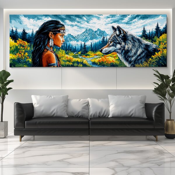 Obraz na plátně - Indiánská dívka Aike a vlk na mýtině FeelHappy.cz Vyberte rozměr (Šířka/Výška): 60 x 20 cm