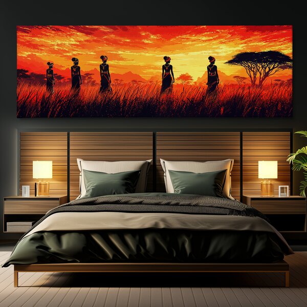 Obraz na plátně - Afričanky při slunečním rituálu FeelHappy.cz Vyberte rozměr (Šířka/Výška): 60 x 20 cm