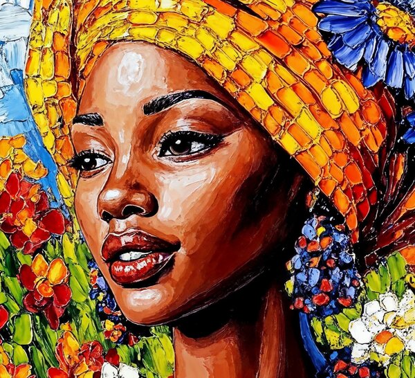 Obraz na plátně - Africká žena Shiu se žlutým šátkem FeelHappy.cz Vyberte rozměr (Šířka/Výška): 40 x 40 cm